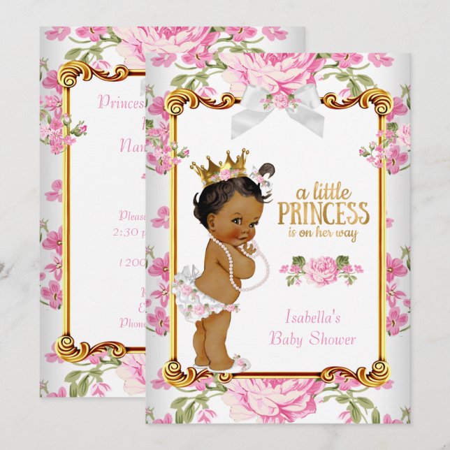 Princess Baby Dusche Rosa Weißblütenvölker Ethnisc Einladung (Vorne/Hinten)
