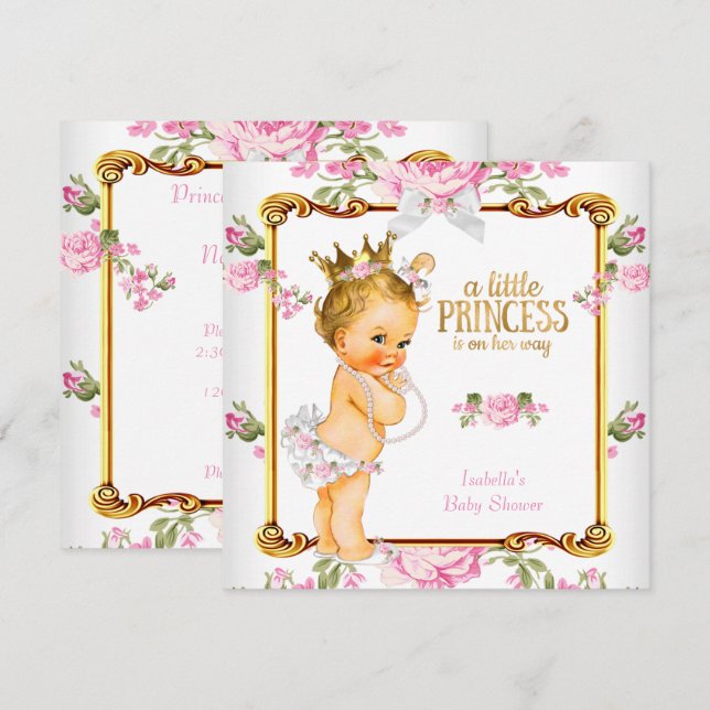 Princess Baby Dusche Rosa Weiße Blondine Girl Einladung (Vorne/Hinten)