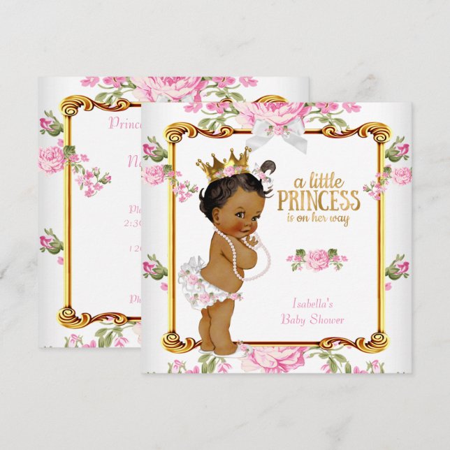 Princess Baby Dusche Rosa Weißes, florales Ethnisc Einladung (Vorne/Hinten)