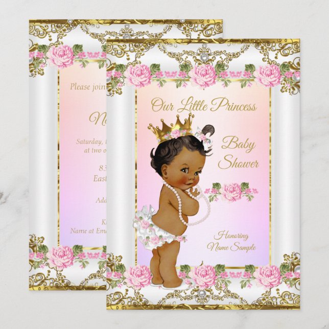 Princess Baby Dusche Rose Pink Gold Weißer Ethnisc Einladung (Vorne/Hinten)