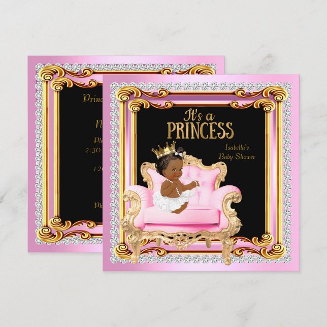 Princess Baby Dusche Silver Pink Gold Stuhl Ethnis Einladung (Vorne/Hinten)