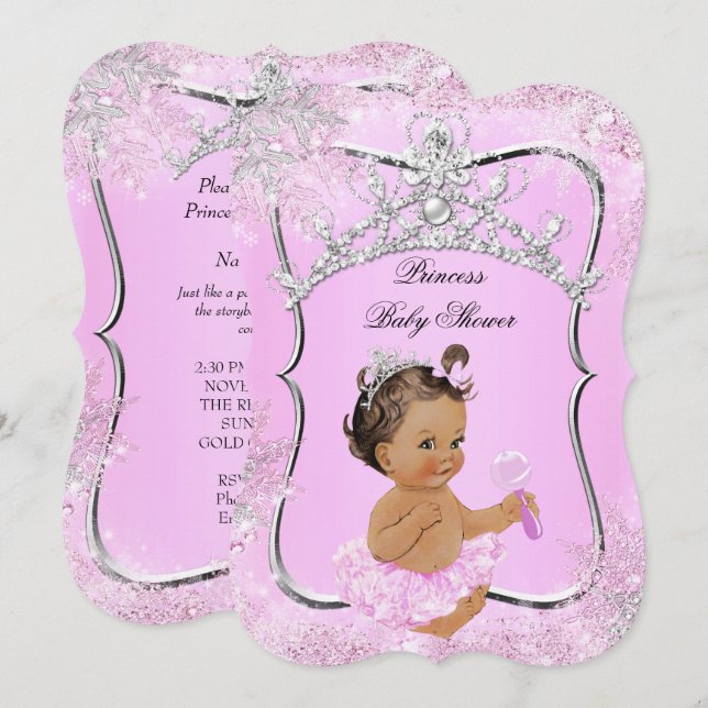 Princess Baby Dusche Wunderland Pink Brünett Einladung (Vorne/Hinten)