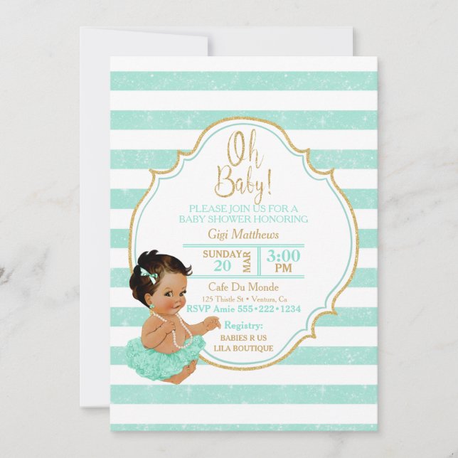 Princess Baby Girl Mint Tutu Stripes Gold Glitzer Einladung (Vorderseite)