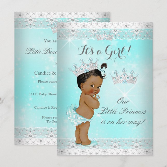 Princess Baby Shower Aqua Lace Tiara Ethnic Einladung (Vorne/Hinten)
