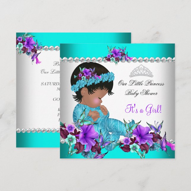 Princess Baby Shower Girl Aquamarin Blue Lila 3 Einladung (Vorne/Hinten)