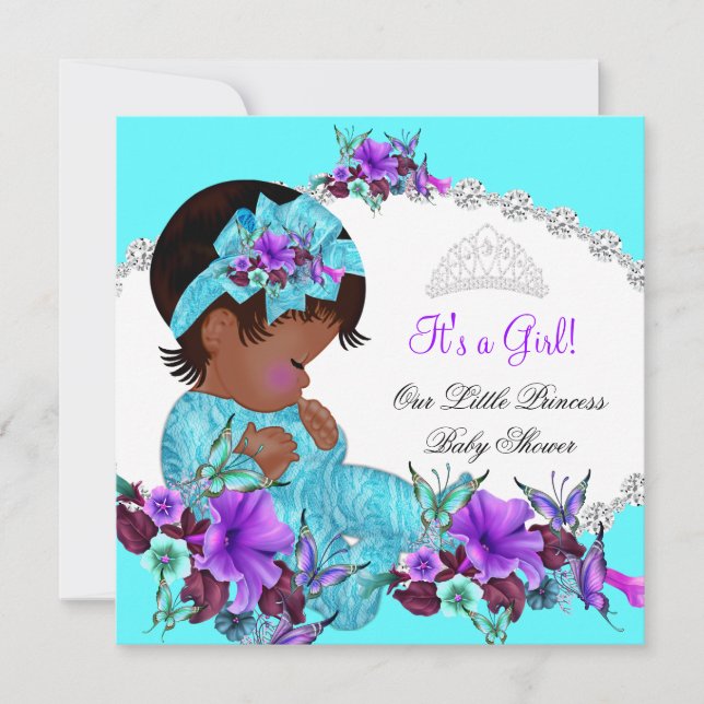 Princess Baby Shower Girl Aquamarin Blue Lila C1 Einladung (Vorderseite)