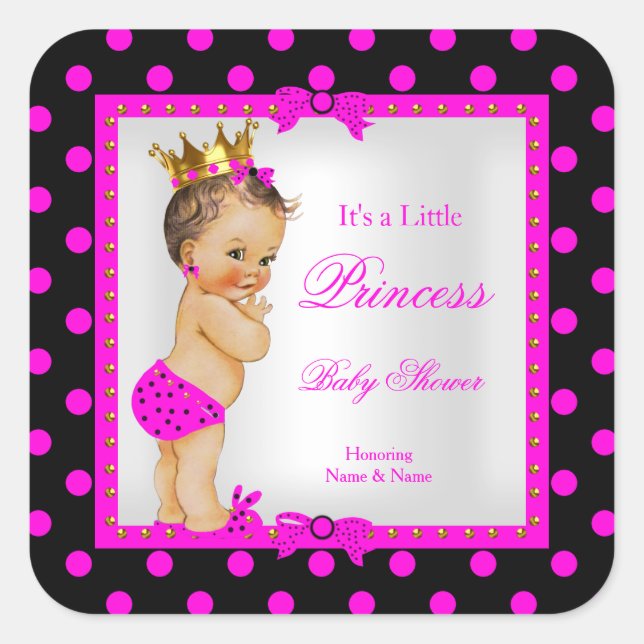 Princess Baby Shower Girl Hot Pink Brünett Quadratischer Aufkleber (Vorderseite)