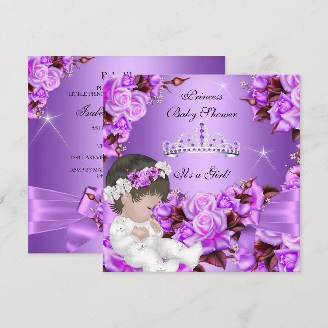 Princess Baby Shower Girl Lila Pink Rose Bow 3 Einladung (Vorne/Hinten)