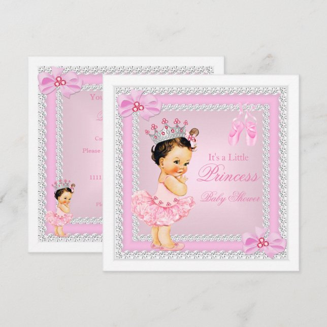 Princess Baby Shower Girl Pink Ballerina Brünett Einladung (Vorne/Hinten)