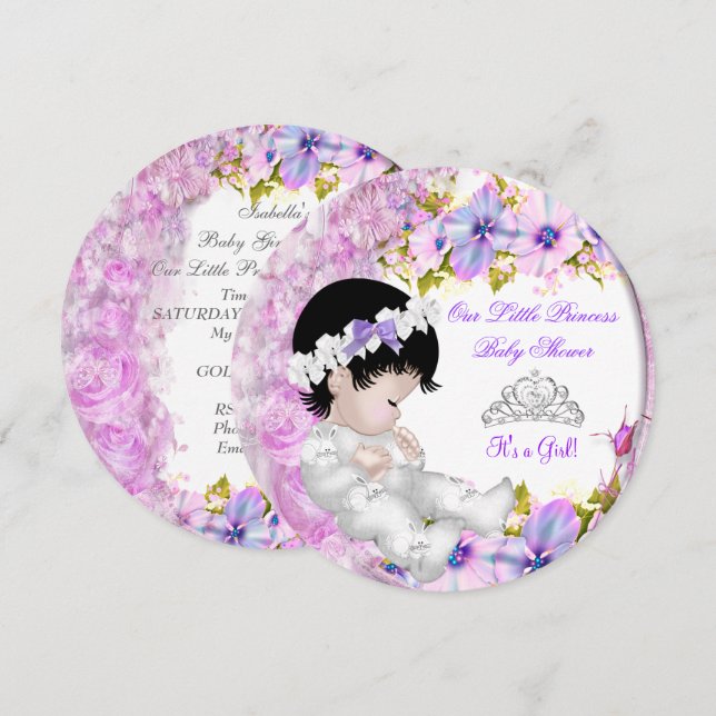 Princess Baby Shower Girl Pink Lila Floral 3a Einladung (Vorne/Hinten)