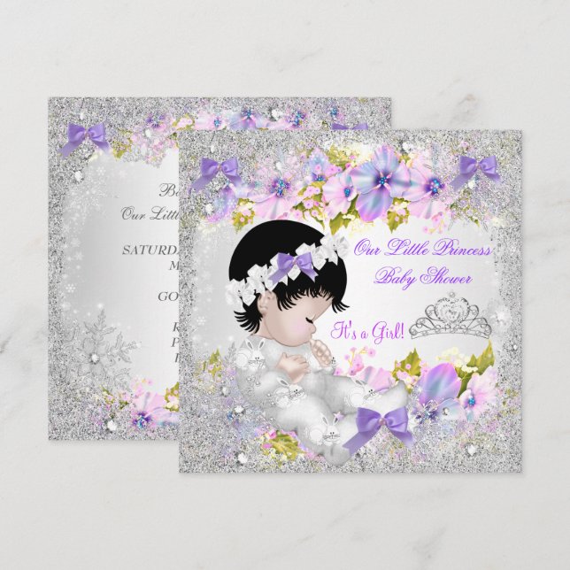 Princess Baby Shower Girl Pink Lila Schneeflocke Einladung (Vorne/Hinten)