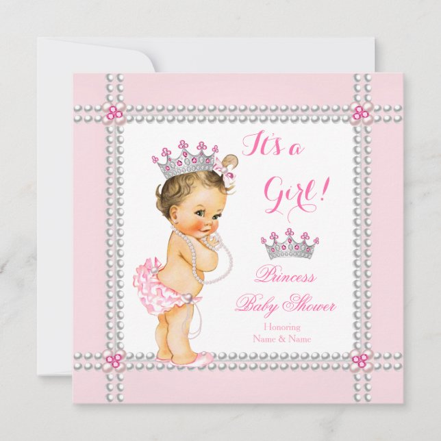 Princess Baby Shower Girl Pink Pearls Brünett Einladung (Vorderseite)