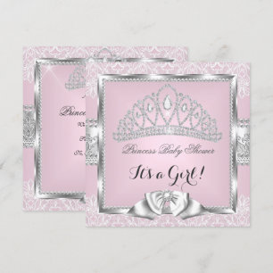 Princess Baby Shower Girl Pink Silver Lace 3 Einladung