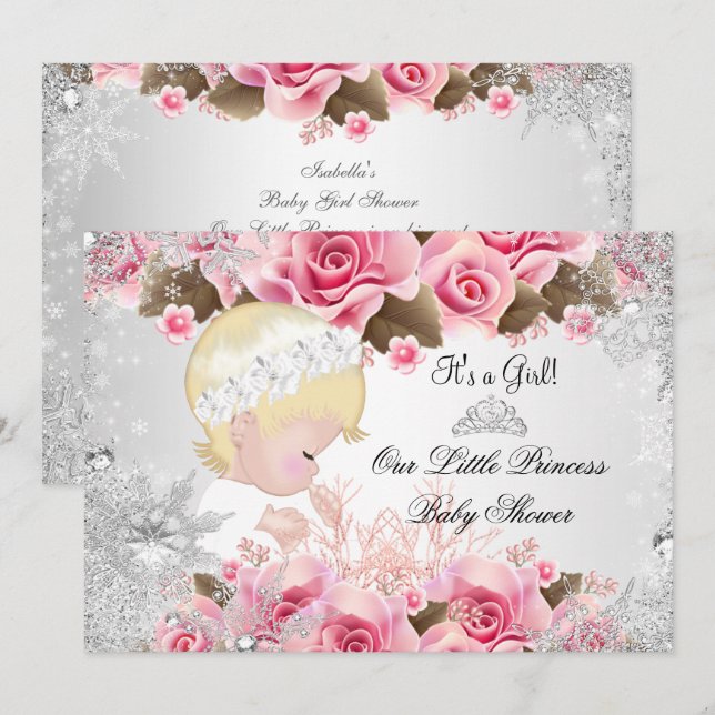 Princess Baby Shower Girl Pink Snowflake Rose 2 Einladung (Vorne/Hinten)