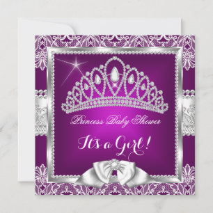 Princess Baby Shower Girl Plum Pink Silver Lace 5 Einladung