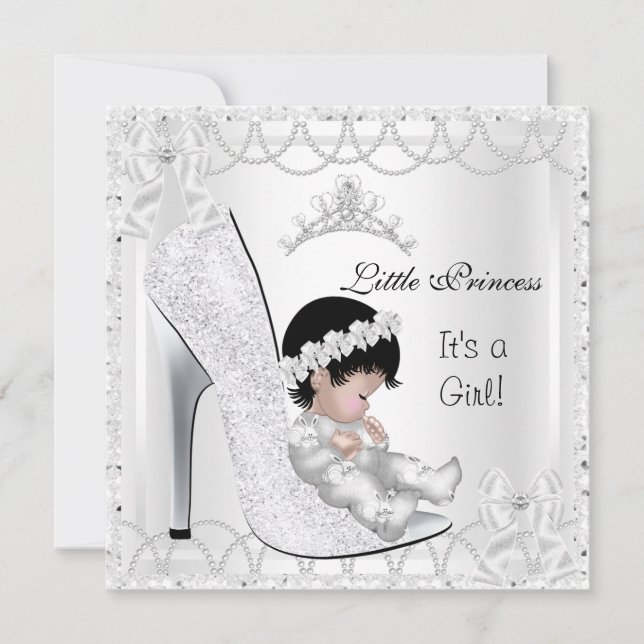 Princess Baby Shower Girl Silver White Shoe Einladung (Vorderseite)