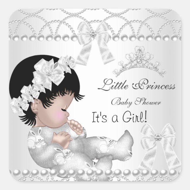 Princess Baby Shower Girl Silver White Tiara Quadratischer Aufkleber (Vorderseite)