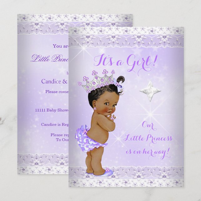 Princess Baby Shower Lilac Lace Tiara Ethnic Einladung (Vorne/Hinten)