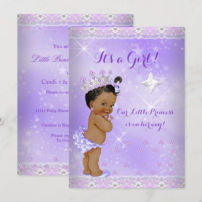 Princess Baby Shower Lilac Lavender Tiara Ethnic Einladung (Vorne/Hinten)