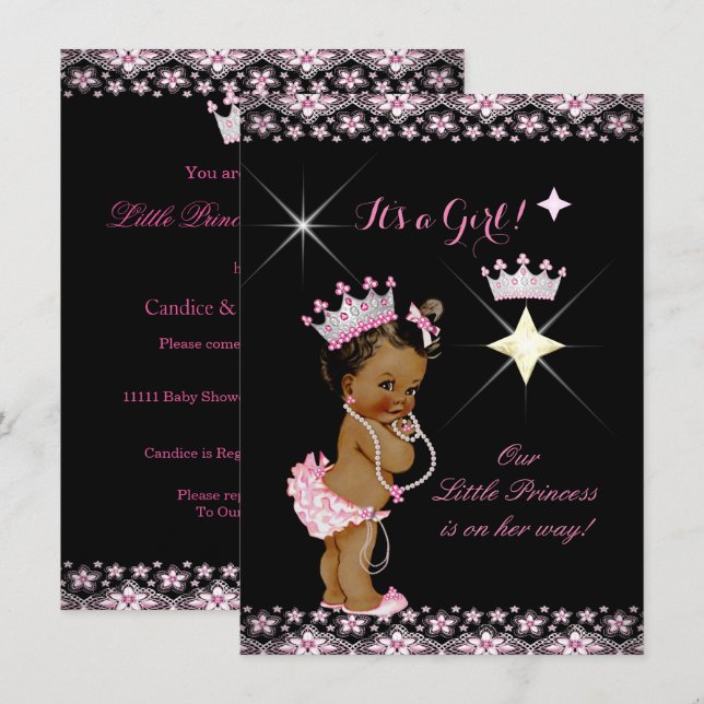 Princess Baby Shower Pink Black Tiara Ethnic Einladung (Vorne/Hinten)