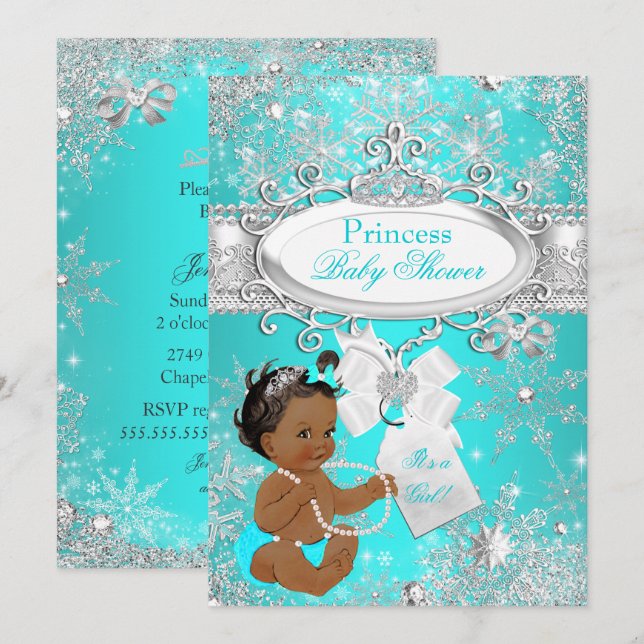 Princess Baby Showflakes Aqua Ethnic Einladung (Vorne/Hinten)