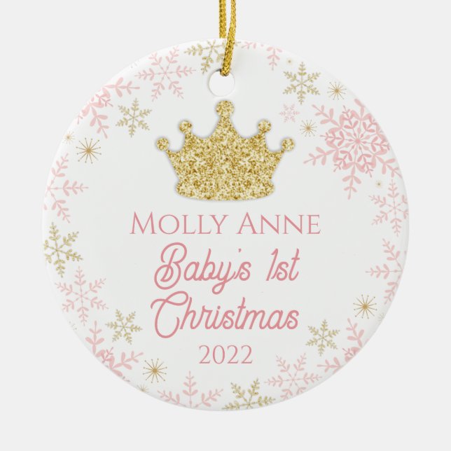 Princess Baby's 1. Weihnachts Pink & Gold Glitzer Keramik Ornament (Vorne)