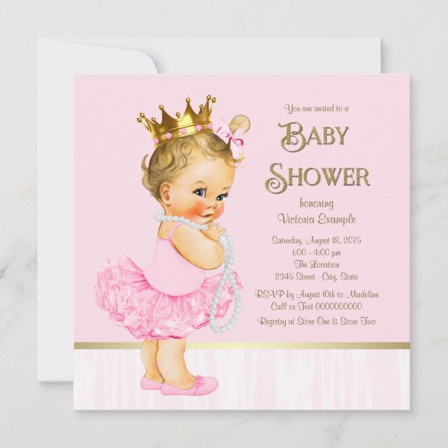 Princess Ballerina Pink Gold Baby Dusche Einladung (Vorderseite)