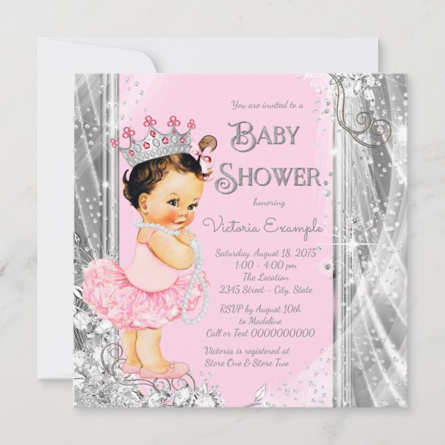 Princess Ballerina Pink Silver Baby Dusche Einladung (Vorderseite)