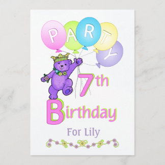 Princess Bear 7. Geburtstagsparty Individuelle Nam Einladung