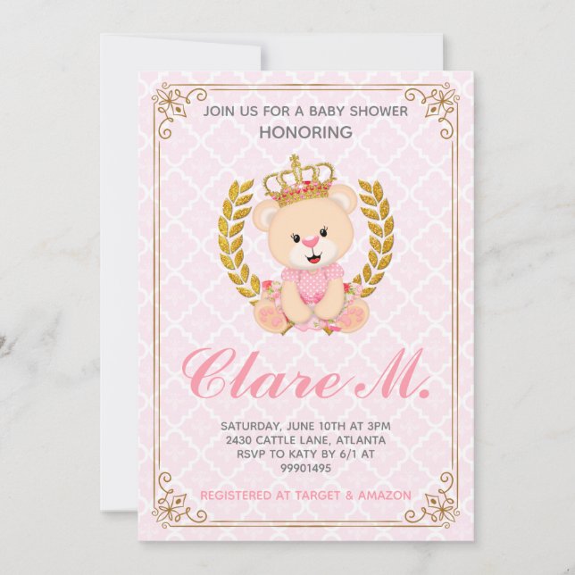 Princess Bear Baby Shower Einladung (Vorderseite)