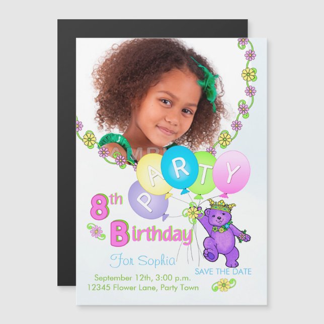 Princess Bear Custom 8th Birthday Party Invitation (Devant / Derrière)