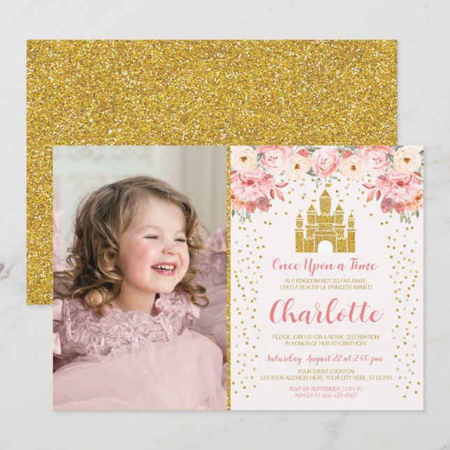 Princess Birthday Einladung Blumenburg (Vorne/Hinten)