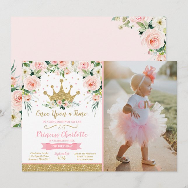 Princess Birthday Einladung Gold Princess Crown (Vorne/Hinten)