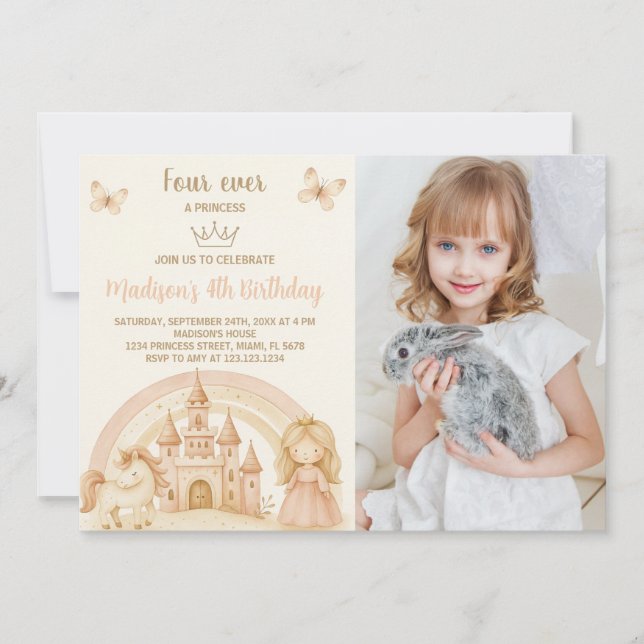 Princess Birthday Einladung mit Schloss & Einhorn (Vorderseite)