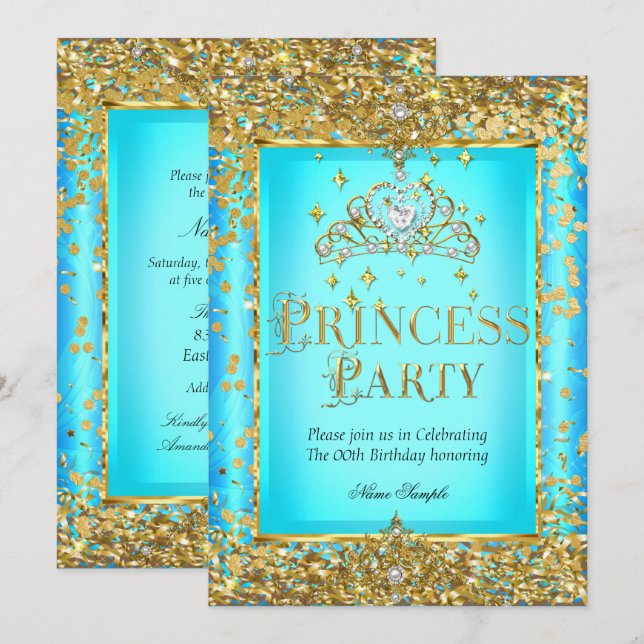 Princess Birthday Party Aquamarin Blue Gold Tiara Einladung (Vorne/Hinten)