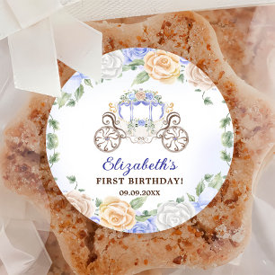 Princess Birthday Party Carriage Blue Floral Runder Aufkleber
