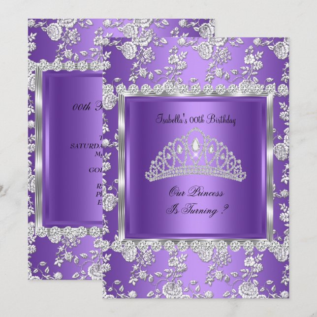 Princess Birthday Party Lila Silver Tiara Einladung (Vorne/Hinten)