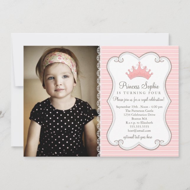 Princess Birthday Pink Crown Photo Invitation (Devant)