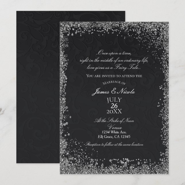 Princess Black Damask Elegantes Storybook Hochzeit Einladung (Vorne/Hinten)