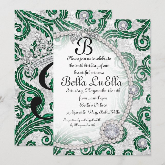 Princess Bling Diamond Pearls Party Einladungen (Vorne/Hinten)