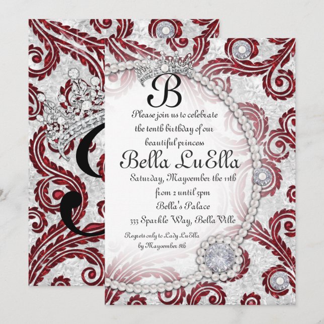 Princess Bling Diamond Pearls Party Einladungen (Vorne/Hinten)