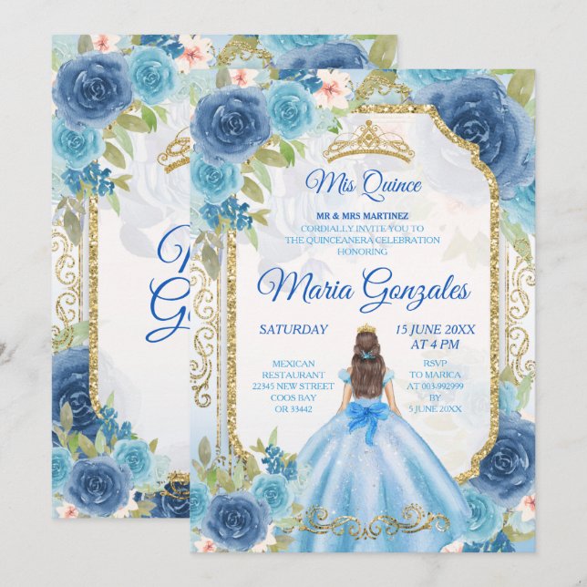 Princess Blue Rose Mexikanisch 15 Anos Einladung (Vorne/Hinten)