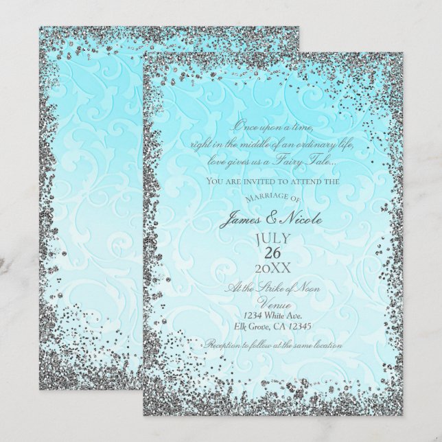 Princess Blue Silver Elegantes Storybook Hochzeit Einladung (Vorne/Hinten)