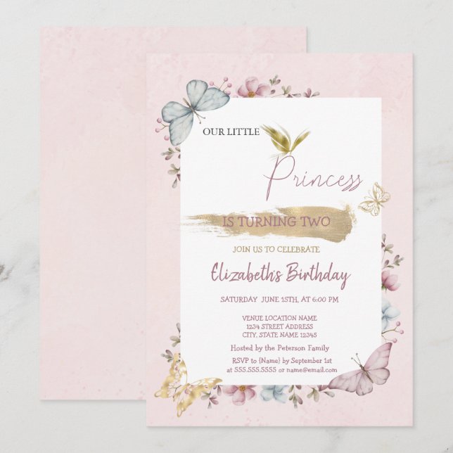 Princess Blume Schmetterlinge Rosa Geburtstag Einladung (Vorne/Hinten)