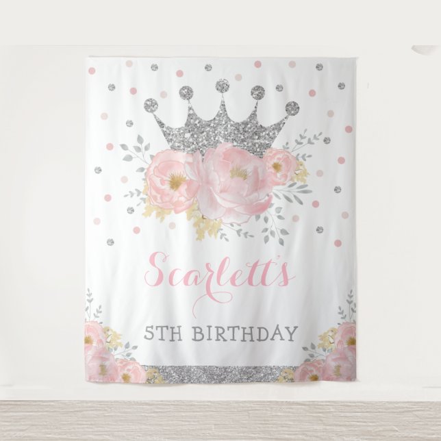 Princess Blush Floral Silver Crown Baby Birthday Wandteppich (Vorderseite)