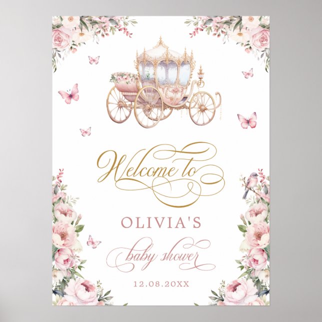 Princess Carriage Blush Bloral Baby Dusche Willkom Poster (Vorne)