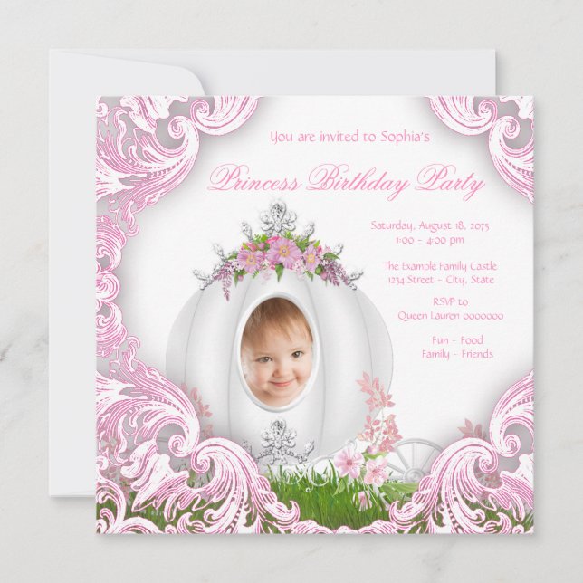 Princess Carriage Foto Birthday Party White Einladung (Vorderseite)