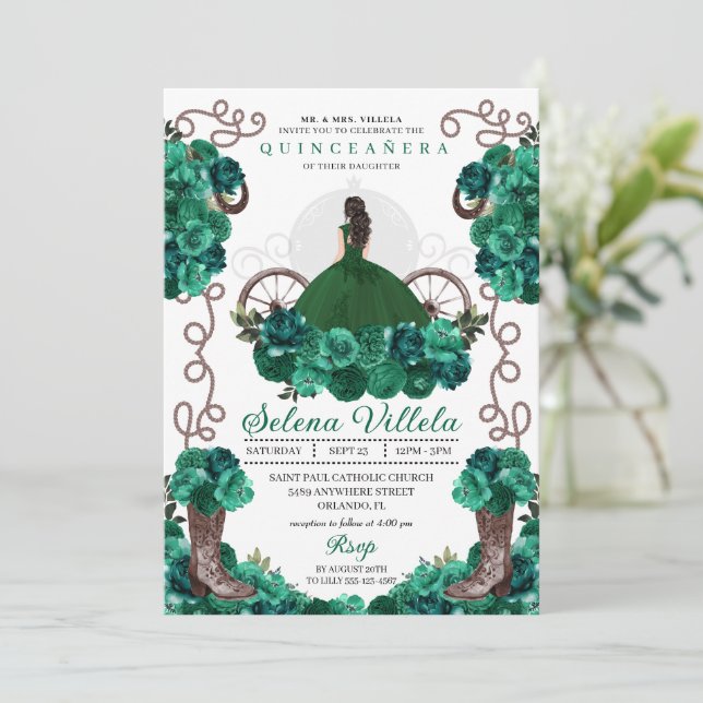 Princess Carriage Green Western Quinceañera Einladung (Stehend Vorderseite)