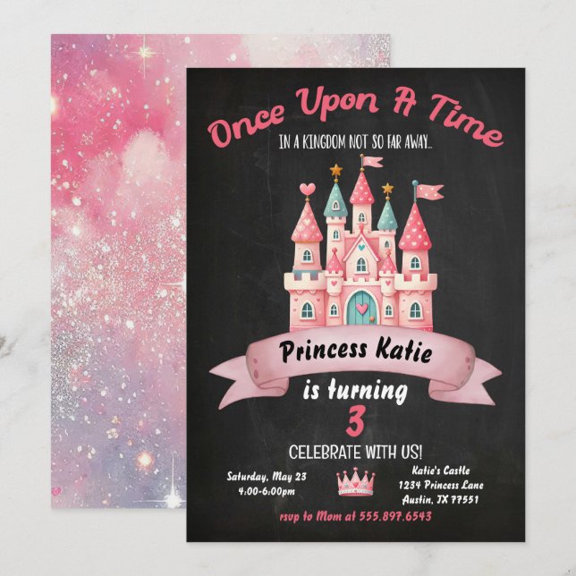 Princess Castle Birthday Einladung Pink Girly (Vorne/Hinten)