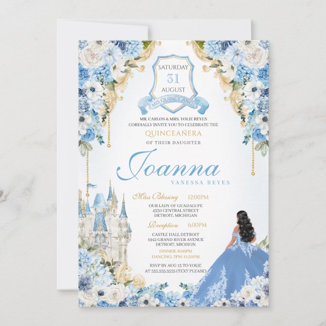 Princess Castle Blue Cinderella Quinceanera /5 Einladung (Vorderseite)